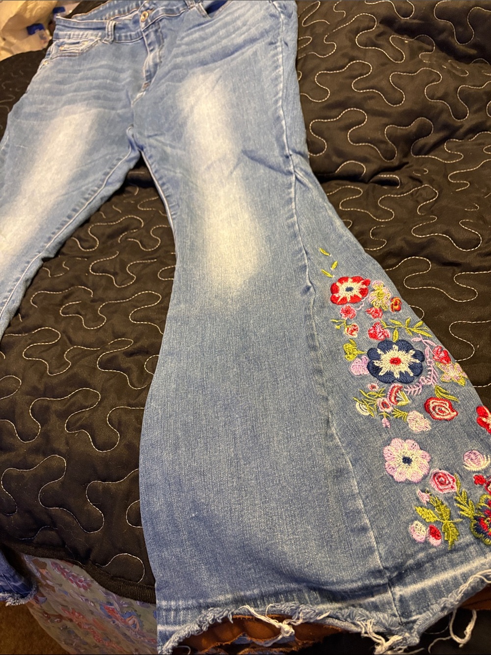 Embroidered Light Blue Flare Jeans for Women